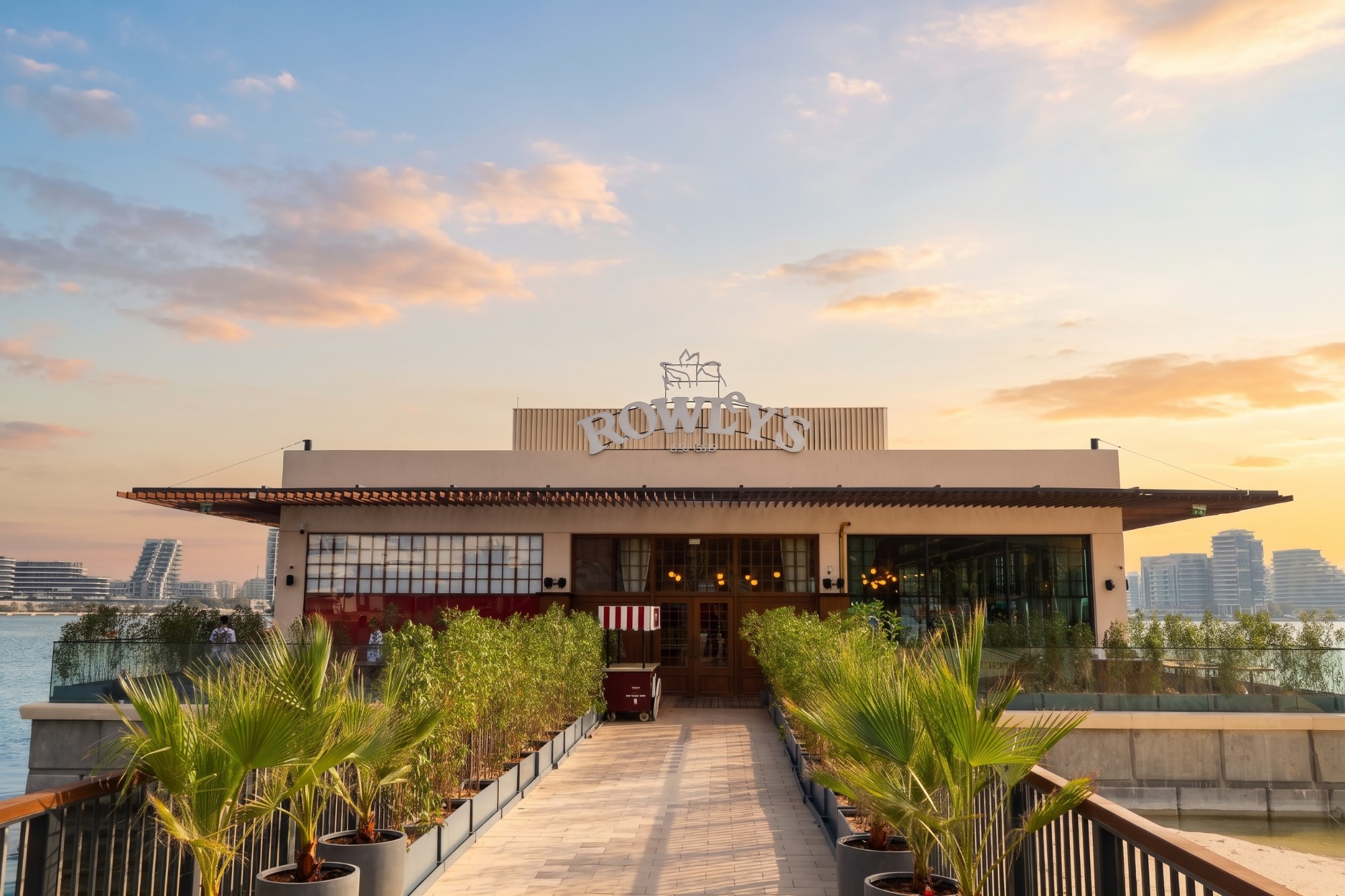 Rowley's steakhouse on the Yas Bay waterfront, Abu Dhabi, at sunset